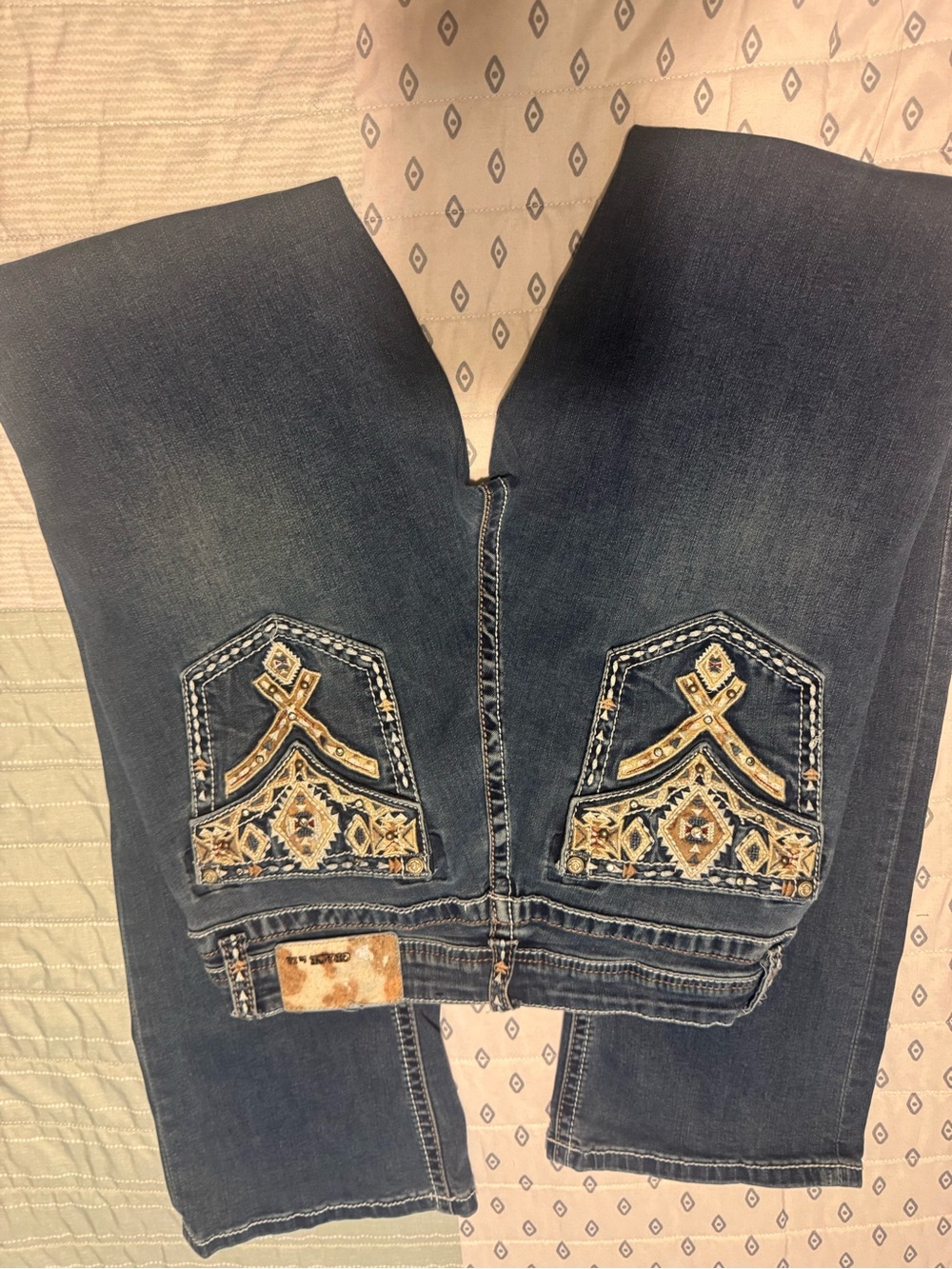 Grace Dark Blue Bootcut Jeans with Gold & Cream Pocket Embroidery